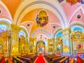 Panorama of Belvaros St. Anna Church with outstanding golden interior with frescoes on the ceiling, on March 2 in Budapest