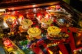 Budapest, Hungary - March 25, 2018: Pinball game museum. Pinball machine table close up view of retro vintage ball Royalty Free Stock Photo