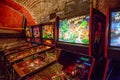 Budapest, Hungary - March 25, 2018: Pinball game museum. Pinball machine table close up view of retro vintage ball