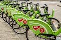 Budapest, Hungary - March 25, 2018: Public green bicycles to rent in the center of the Hungarian city. Bike-sharing Royalty Free Stock Photo