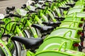 Budapest, Hungary - March 25, 2018: Public green bicycles to rent in the center of the Hungarian city. Bike-sharing Royalty Free Stock Photo