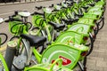 Budapest, Hungary - March 25, 2018: Public green bicycles to rent in the center of the Hungarian city. Bike-sharing Royalty Free Stock Photo