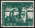 Stamp printed in Norway shows Portrait of Edvard Munch Royalty Free Stock Photo