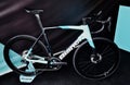 Beautifult teal color Bianchi Oltre XR racing bicycle on display. sports and bicycle technology