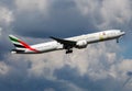 Emirates Airlines special livery Boeing 777-300ER A6-EPP passenger plane departure and take off at Budapest Airport Royalty Free Stock Photo