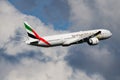 Emirates Airlines special livery Boeing 777-300ER A6-EPP passenger plane departure and take off at Budapest Airport Royalty Free Stock Photo