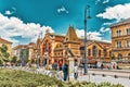 BUDAPEST, HUNGARY-MAY 06, 2016: Great Market Hall- largest and oldest indoor market in Budapest, people on street.Hungary Royalty Free Stock Photo