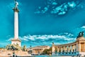 BUDAPEST, HUNGARY-MAY 05, 2016: Heroes` Square-is one of the major squares in Budapest, Hungary, statue Seven Chieftains of the