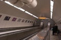 Budapest, Hungary - May 2019: Long escalators in Budapest metro, Hungary