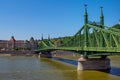 Budapest spring cityscape with Danube River, historic Gellert Hotel building and Hill