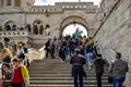 Budapest, Hungary: Tourists climb the stairs to observation deck on of Fishing Bastion. Fisherman`s Bastion is an architectural