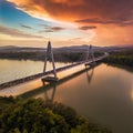 Budapest, Hungary - Megyeri Bridge over River Danube at sunset with beautiful dramatic clouds Royalty Free Stock Photo