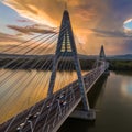 Budapest, Hungary - Megyeri Bridge over River Danube at sunset with heavy traffic, beautiful dramatic clouds Royalty Free Stock Photo