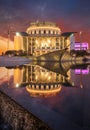 Budapest, Hungary - National Theatre Nemzeti Szinhaz of Hungary with a dramatic colorful sunset above