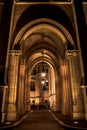 Budapest, Hungary - Night view of the arches of the Parliament with central lamps Royalty Free Stock Photo