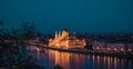 Budapest, Hungary. Night view on Parliament building over delta of Danube river. Royalty Free Stock Photo