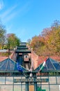 Budapest, Hungary - Nov 6, 2019: Cable car, public funicular train leading to the Buda Castle in the Hungarian capital. Tram