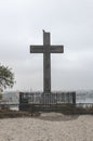 Budapest, Hungary - Nov 6, 2019: Cross monument on the Gellert Hill in the Hungarian capital. Danube river and the old town in far