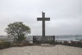 Budapest, Hungary - Nov 6, 2019: Cross monument on the Gellert Hill in the Hungarian capital. Danube river and the old town in far