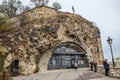 Budapest, Hungary - Nov 6, 2019: Entrance to the Gellert Hill Cave Church, Sziklatemplom. Rock Church in the Hungarian capital.