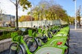 Budapest, Hungary - Nov 6, 2019: Public green bikes for rental in the center of the Hungarian capital city. Bike-sharing. Eco- Royalty Free Stock Photo