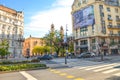 Budapest, Hungary - Nov 6, 2019: Road and zebra crossing in the center of the Hungarian city. Dohany Street Synagogue, the largest