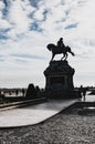 Budapest, Hungary - Nov 6, 2019: Silhouette of the equestrian statue of Savoyai Eugen in the courtyard of the Buda Castle. Against