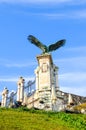 Budapest, Hungary - Nov 6, 2019: Statue of mythological Turul bird on the Royal Castle. Bird of prey mostly depicted as a hawk or