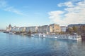 Budapest, Hungary - Nov 6, 2019: Water of the Danube river in the Hungarian capital with huge tourist cruise ship. Historical