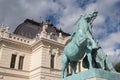 Budapest, Hungary - 1 November 2021: Hortobagy horse herd, man and horse statue in Buda Castle, horseman monument, Illustrative