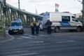 Budapest, Hungary - 1 November 2021: Hungarian police officers blocked the bridge in cars and a van. Rendorseg at work,