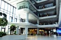 the interior atrium and lobby space of the MOL headquarter tower and campus in Budapest, Hungary