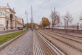 Budapest, Hungary - November, 2018: Tramlines in Budapest near the embankment on the Buda side near the Castle Garden