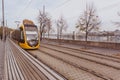 Budapest, Hungary - November, 2018: Tramlines in Budapest near the embankment on the Buda side near the Castle Garden