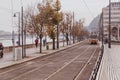 Budapest, Hungary - November, 2018: Tramlines in Budapest near the embankment on the Buda side near the Castle Garden