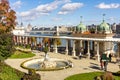 Budapest, Hungary - October 2021: Castle Garden Bazaar Varkert Bazar at Royal palace of Buda in autumn with Hungarian parliament Royalty Free Stock Photo