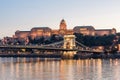 BUDAPEST, HUNGARY - OCTOBER 30, 2015: Chain bridge, Danube and Royal Palace in Budapest, Hungary. Evening photo shoot. Royalty Free Stock Photo