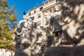 Budapest, Hungary. October 2019: Close-up Statue of Mihaly Vorosmarty and people walking near on the Vorosmarty square