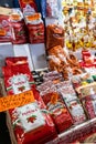 Close-up view of many different types of Hungarian paprika and spices in a stall in the Great Market Hall