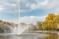 BUDAPEST, HUNGARY - OCTOBER 26, 2015: Heroes Square Park and fountain with flying birds in background. Budapest, Hungary.