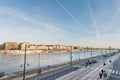 BUDAPEST, HUNGARY - OCTOBER 27, 2015: Landscape of the Bridge and Danube River in Budapest, Hungary. People Are waiting Tram