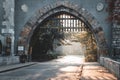 Morning sun shining through trees with warm glow and gate of Vajdahunyad castle in Budapest city park