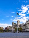 Budapest, Hungary - 10 of October 2019: National Hungarian Flag on top of tall steel flagpole on the Kossuth Lajos Square near