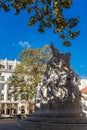 Budapest, Hungary. October 2019: Statue of Mihaly Vorosmarty and people walking near on the Vorosmarty square, central