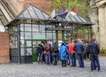 Tourists at the entrance to the funicular in Budapest. Royalty Free Stock Photo