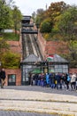 Tourists wait in line to buy tickets for the funicular. Budapest, Hungary.
