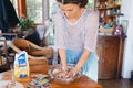 Budapest, Hungary - October 19, 2109: Traditional home-made gingerbread baking. Staring Ingredients in a bowl get mixed