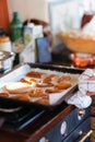 Budapest, Hungary - October 19, 2109: Traditional home-made gingerbread baking. Freshly baked gingerbread on tray