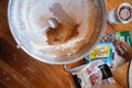 Budapest, Hungary - October 19, 2109: Traditional home-made gingerbread baking. Staring Ingredients in a bowl flat lay