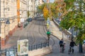 BUDAPEST, HUNGARY - October 25, 2018: Tram rails, random cyclists and buildings